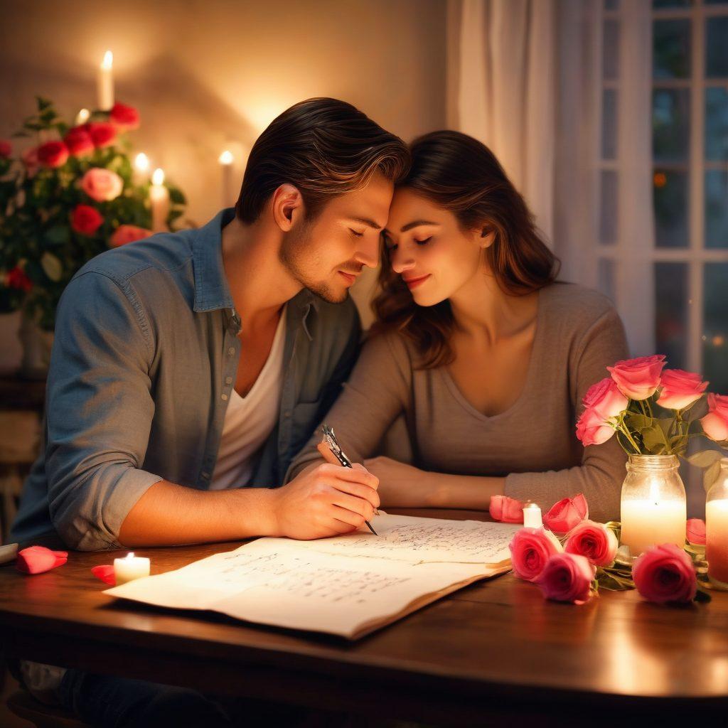 A warm and intimate scene of a couple sharing a tender moment in a cozy setting, surrounded by soft candlelight and blooming roses. Include a handwritten love letter on the table, symbolizing heartfelt advice and connection. Capture the essence of romance with gentle smiles and affectionate gestures that evoke deep emotions. super-realistic. vibrant colors. soft focus.
