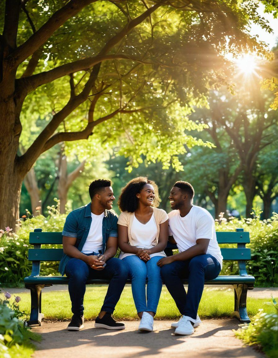 A heartwarming scene of two friends sitting on a park bench, sharing laughter and stories, surrounded by blooming flowers and sunlight filtering through lush green trees. In the background, silhouettes of diverse couples enjoying their bond symbolize lasting partnerships. Emphasize warmth, connection, and the beauty of friendship. super-realistic. vibrant colors. soft focus.